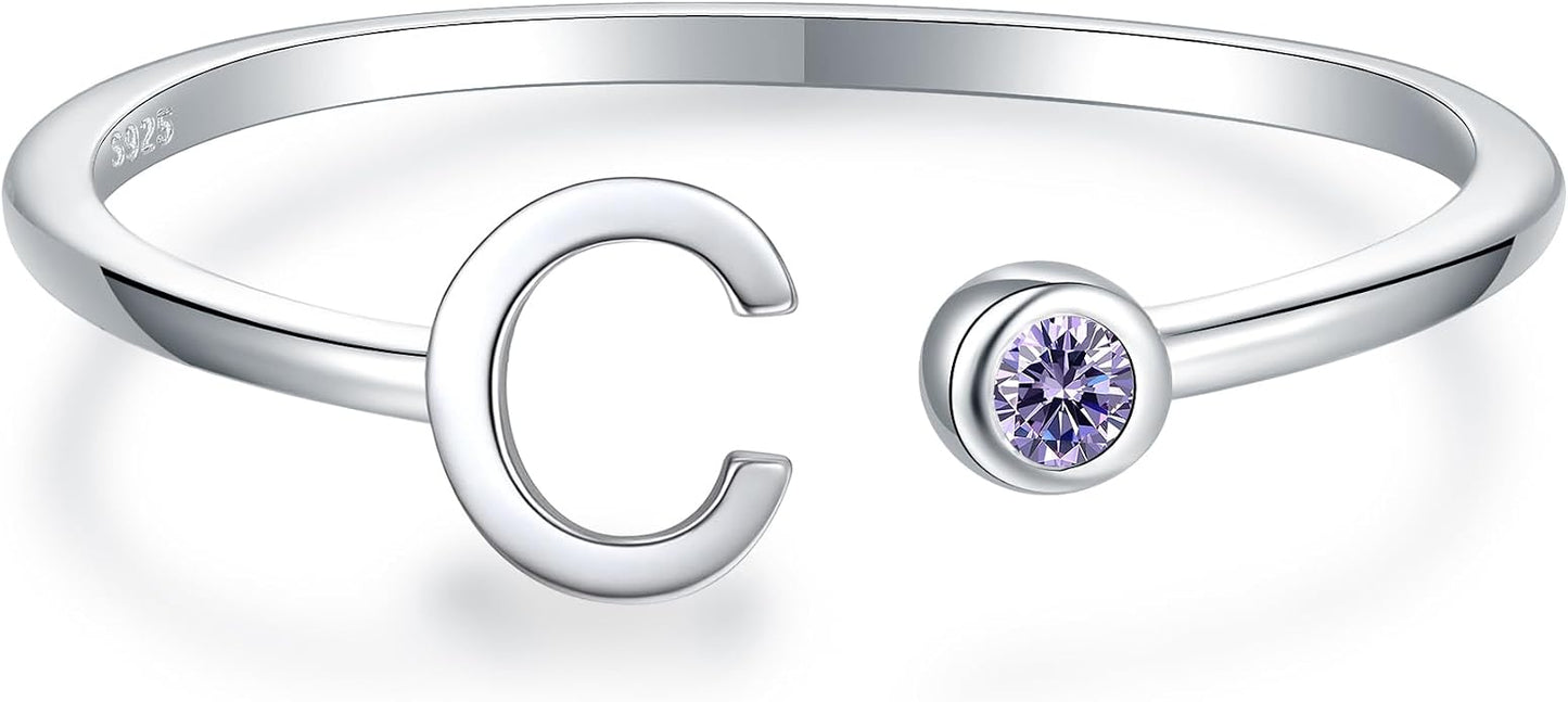 925 Sterling Silver Initial Letter Birthstone Rings for Women Adjustable 1-12 Month Birthstone Alphabet Stacking Ring for Teens Girls Stackable Birthstone Rings Birthday Jewelry Gift for Daughter Mom