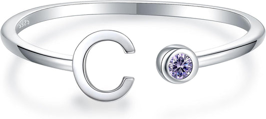 925 Sterling Silver Initial Letter Birthstone Rings for Women Adjustable 1-12 Month Birthstone Alphabet Stacking Ring for Teens Girls Stackable Birthstone Rings Birthday Jewelry Gift for Daughter Mom