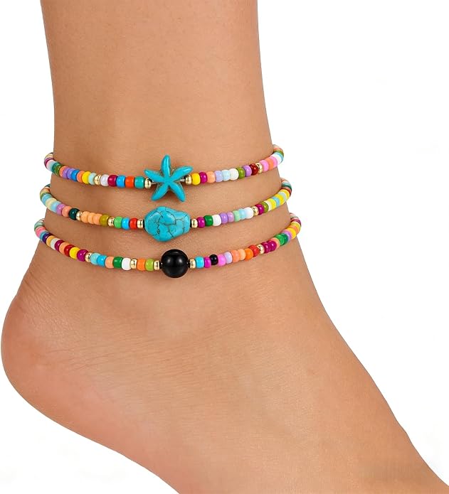 ASIJUNTYECHO Colorful Beaded Anklet Set | 3 Pcs Summer Beach Anklets, Western Turquoise Star & Shell Beaded Anklet Jewelry for Vacation, Boho & Everyday Wear