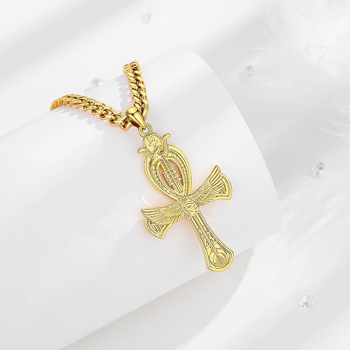 INFUSEU Mythology Pendant Necklaces for Men, Viking Norse Mjolnir Egyptian Anubis Ankh, 22-24 Inch Chain