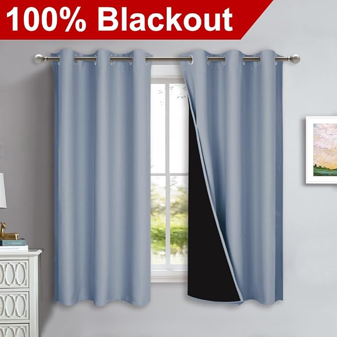 NICETOWN 100% Blackout Curtains 54 inches Long, Vintage Blue, 1 Pair, 42 inches Width Each Panel, Double-Deck Completely Blackout Window Treatment Thermal Insulated Lined Drapes for Small Window