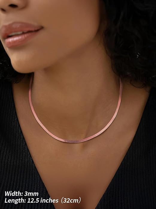FindChic Black/14K Gold Plated Herringbone Choker Chain Necklace for Women | Waterproof Stainless Steel, Dainty Layering, Flat Snake Chain, Non-Tarnish, Hypoallergenic, Adjustable Extender, Gift Box