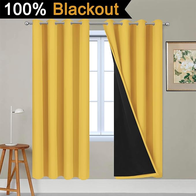 Yakamok Mustard Yellow Blackout Curtains Panels 72 Inches Long, 52" Wide | Blackout Curtain Panels for Bedroom, 2 Thick Layers Grommet Top Thermal Insulated Drapes with Black Liner for Living Room