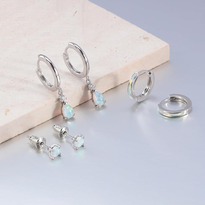 CiNily Opal Earrings Set for Women Hypoallergenic, Opal Stud Huggie Hoop Earrings Silver/Rose Gold Plated Dainty Hoop Huggie Silver Dangle Earring Stacks, Gold Jewelry