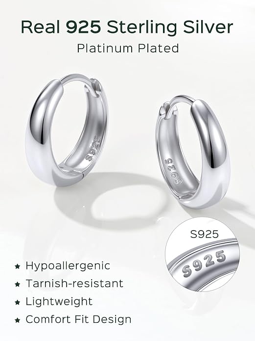 ChicSilver Solid 925 Sterling Silver Chunky Hoop Earrings for Women, Silver Small Thick Huggie Earrings Hypoallergenic Lightweight Silver Hoop Earrings for Sensitive Ears (8/10/12/14mm)