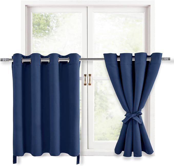 Hiasan RV Blackout Curtains for Bedroom, 52 x 30 Inches Long - Thermal Insulated & Energy Saving Window Curtains for Living Room, 2 Drape Panels Sewn with Tiebacks, Navy