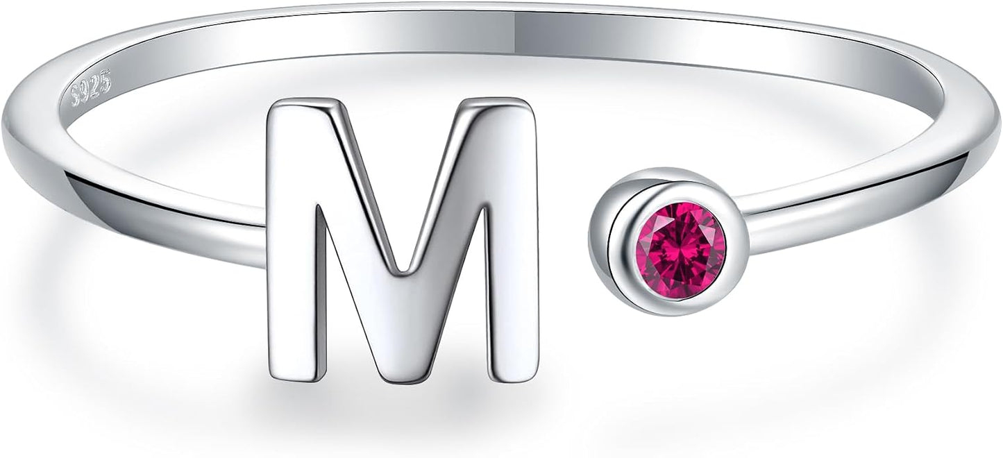 925 Sterling Silver Initial Letter Birthstone Rings for Women Adjustable 1-12 Month Birthstone Alphabet Stacking Ring for Teens Girls Stackable Birthstone Rings Birthday Jewelry Gift for Daughter Mom