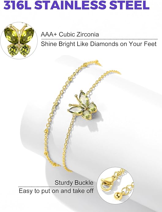 Richsteel Double Layer Heart/Butterfly Birthstone Anklet for Women Non Tarnish Waterproof, Silver/Gold/Black Stainless Steel 8.5-10.5 Inch Adjustable Chain Anklets Jewelry Gifts for Her