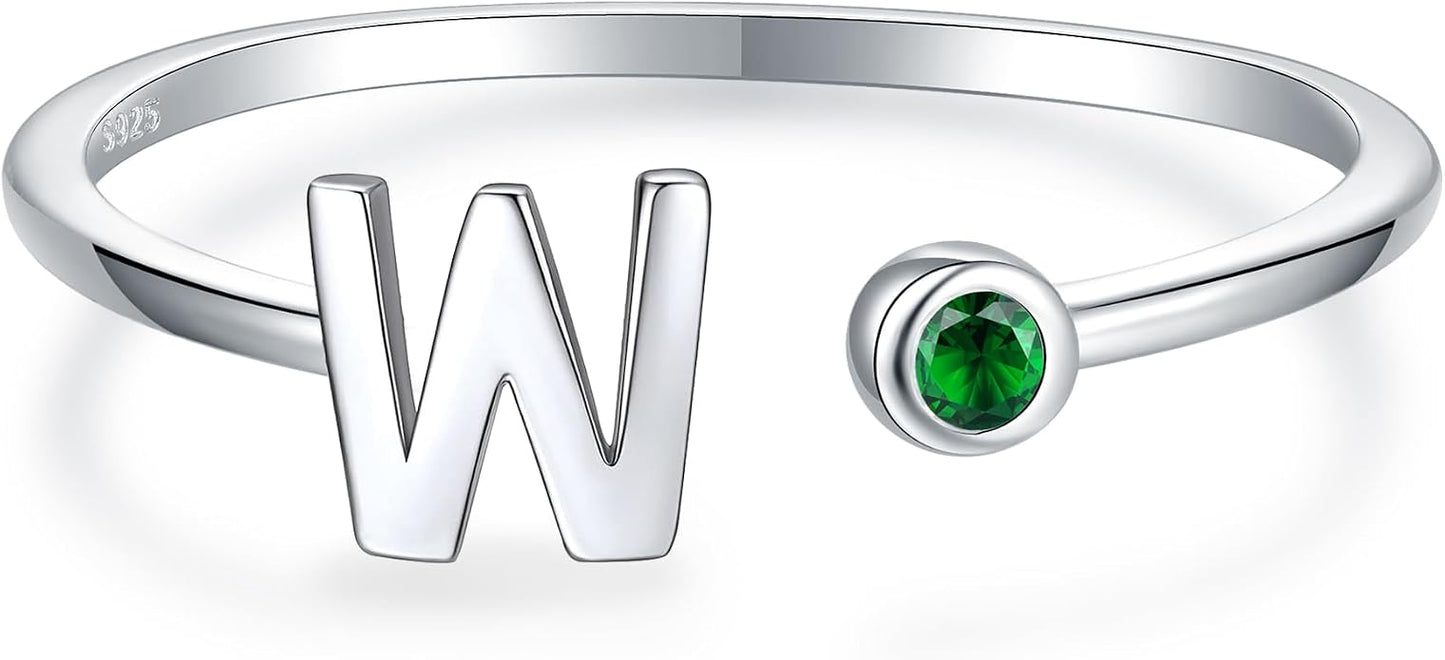 925 Sterling Silver Initial Letter Birthstone Rings for Women Adjustable 1-12 Month Birthstone Alphabet Stacking Ring for Teens Girls Stackable Birthstone Rings Birthday Jewelry Gift for Daughter Mom