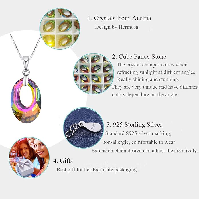 H ermosa 925 Sterling Silver Necklace for Women Austria Crystals Oval Shape Pendant Necklace Hypoallergenic Jewelry Gift Birthday Gift (A Rainbow Crystal Necklace)