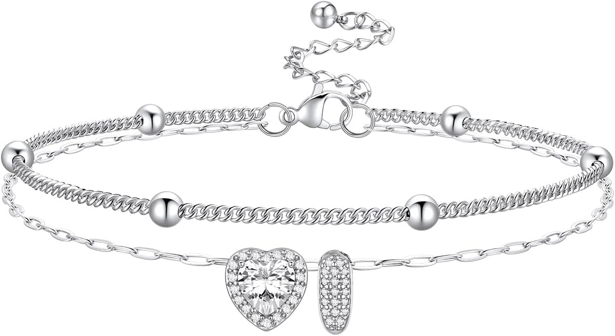 Bestyle Initial Anklet Bracelets for Women Waterproof Non Tarnish 14K Gold/White Gold Plated CZ Anklets for Women Dainty Layered Letter Heart Ankle Bracelets Adjustable Foot Chain Anklet