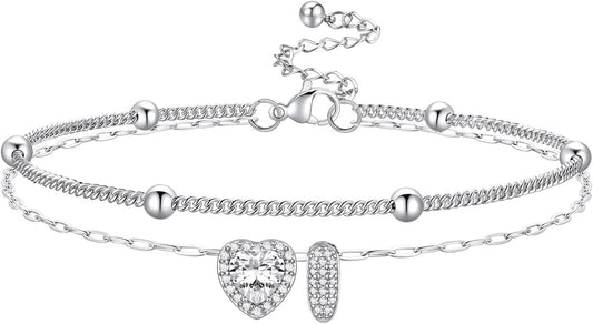 Bestyle Initial Anklet Bracelets for Women Waterproof Non Tarnish 14K Gold/White Gold Plated CZ Anklets for Women Dainty Layered Letter Heart Ankle Bracelets Adjustable Foot Chain Anklet