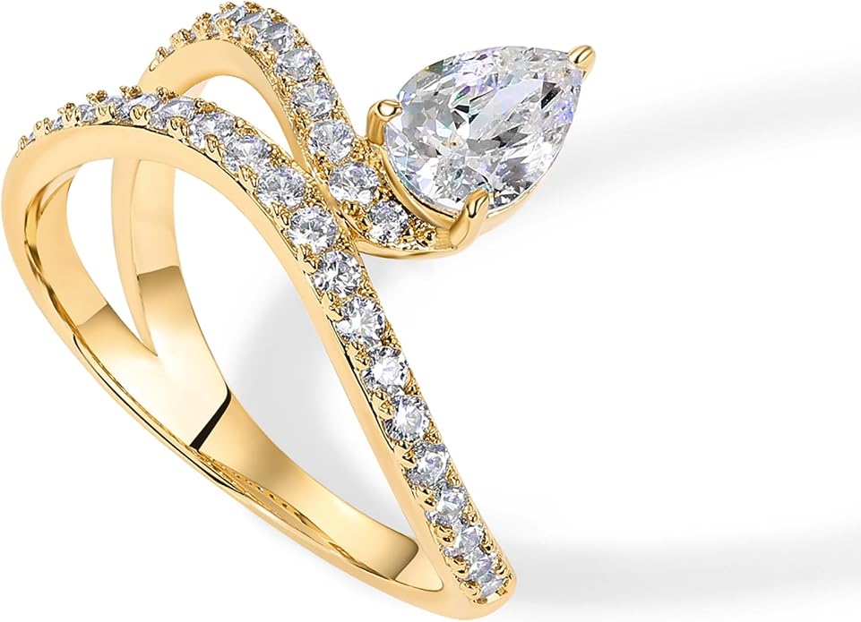 PAVOI 14K Gold Plated Wavy Engagement Ring for Women | Solitaire Cubic Zirconia Wedding Band & Promise Rings for Her | Trendy Fashion Jewelry