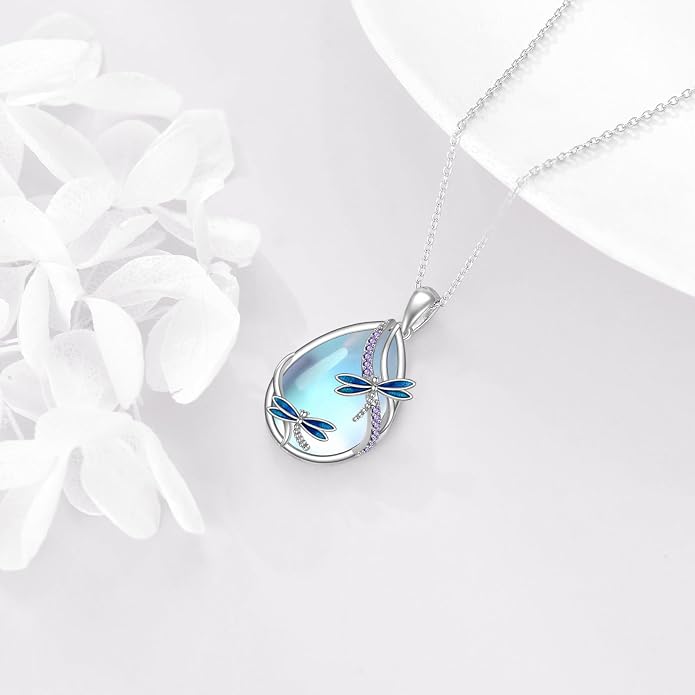 KQF Dragonfly/Butterlfy/Cat/Jellyfish/Bunny/Axolotl/Bee/Mermaid/Hummingbird/Elephant Necklace for Women Sterling Silver Moonstone Pendant Necklace Dragonfly Jewelry Gifts for Women
