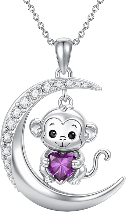 PROESS Animal Birthstone Necklace 925 Sterling Silver Otter/Axolotl/Hippo/Elephant/Dachshund/Monkey/Red Panda Pendant Necklace Animal Birthstone Jewelry Gifts for Women