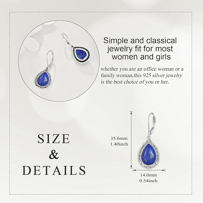 Moonstone/Lapis Lazuli/Peridot/Amethyst/Pink Teardrop Earrings for Women Sterling Silver Filigree Dangle Earrings Leverback Earrings Jewelry Gifts for Women