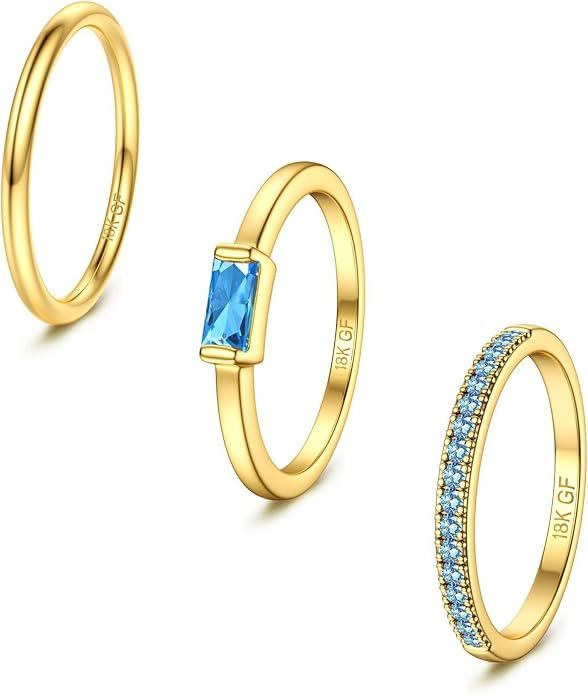 Gold Stackable Birthstone Rings for Women - 18K Gold Filled Non Tarnish Dainty Gold Stacking Rings Set - Cubic Zirconia Thumb Knuckle Ring Wedding Engagement Ring for her Gifts Size 6 7 8 9 10 3pcs