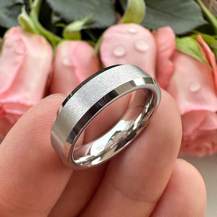 TUTISS 6mm 8mm White Tungsten Rings for Men Women Couple Fashion Jewelry Engagement Wedding Bands Matte Finish Beveled Edges Comfort Fit