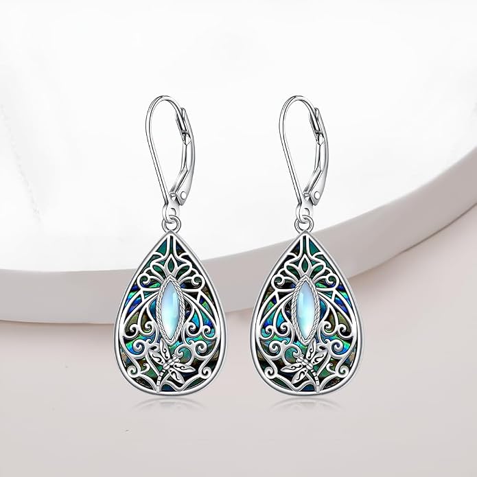 Moonstone Dragonfly Filigree Earrings for Women Sterling Silver Abalone Dragonfly Earrings Teardrop Leverback Dangle Drop Jewelry Gifts