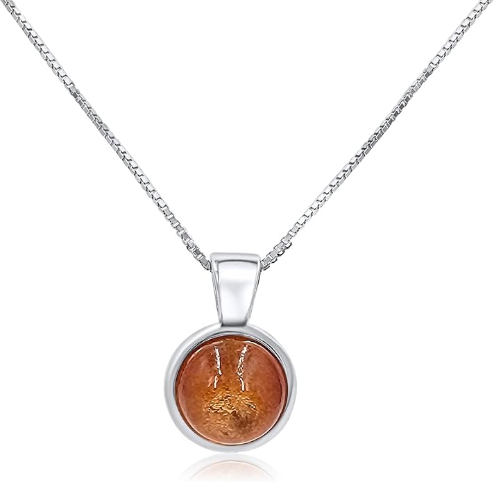 Natural gemstone 8mm round pendant with white gold over 925 sterling silver bezel cabochon plate and box chain, real genuine dainty birthstone gift for her, uniquelan jewelry