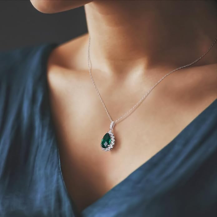 925 Sterling Silver Teardrop Necklace for Women Huge Created Gemstone Solitaire Halo Pendant Pear Cut Birthstone Necklace