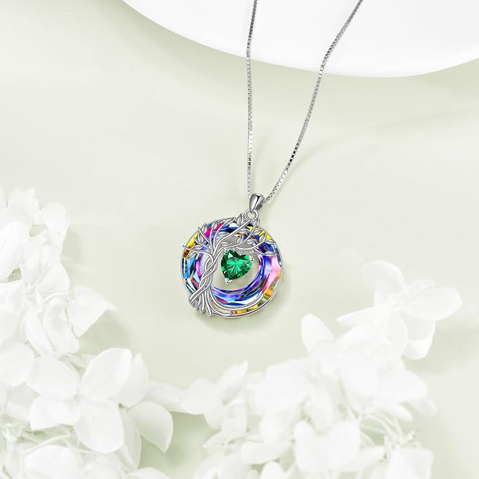 POPLYKE Mothers Day Gifts for Mom Her Wife Tree of Life Necklace 925 Sterling Silver Birthstone Pendant with Crystal Anniversary Birthday Wedding Jewelry for Women