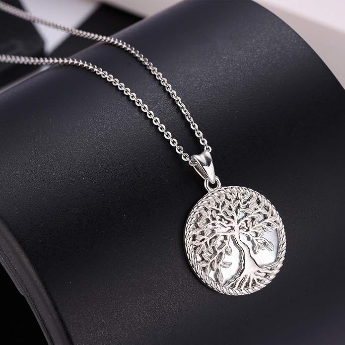 Aniu Tree of Life Necklace for Women, 925 Sterling Silver Mother of Pearl Family Palm Tree Charm Pendant Jewelry for Birthday Christmas Gift