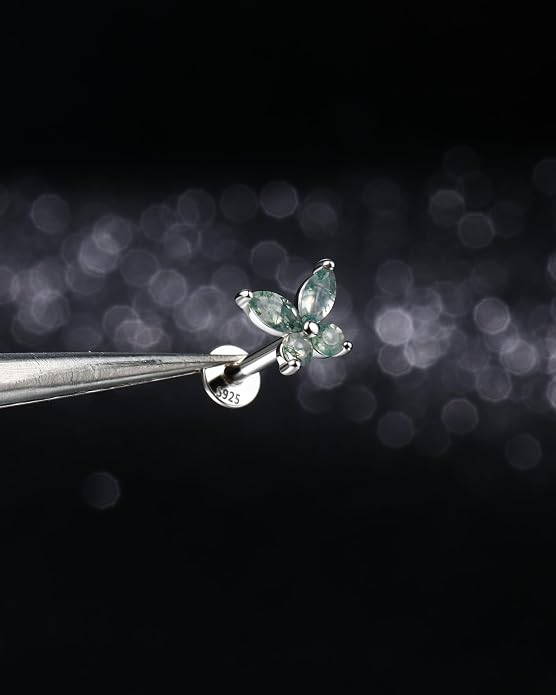 Jewseen Celtic knot&Butterfly Moss Agate Stud Earrings Dangle Internal Threaded Flat Back 16g 8mm Hypoallergenic 925 Sterling Silver Piercing Jewelry for Cartilage Lip Conch Tragus Helix
