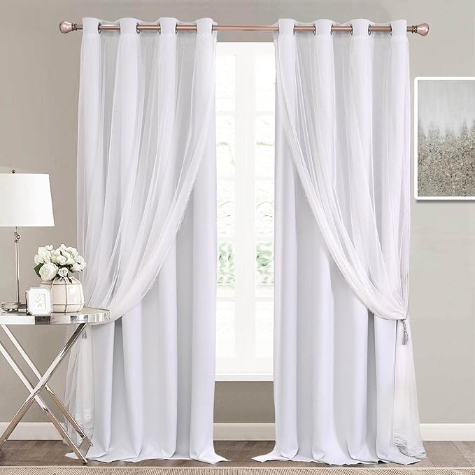 Blackout Curtains 52W x 84L Set of 2 - Greyish White Double Layer Voile Sheer with Lace Hem for Bedroom Living Room