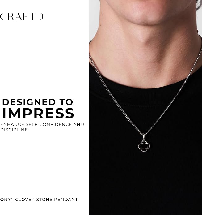 CRAFTD - Black Onyx Clover Stone Pendant Necklace - A Symbol of Luck - 20.5" (2mm) Cuban Link Chain - Mens Jewlery - Hypoallergenic - Waterproof, Heat & Sweat Resistant