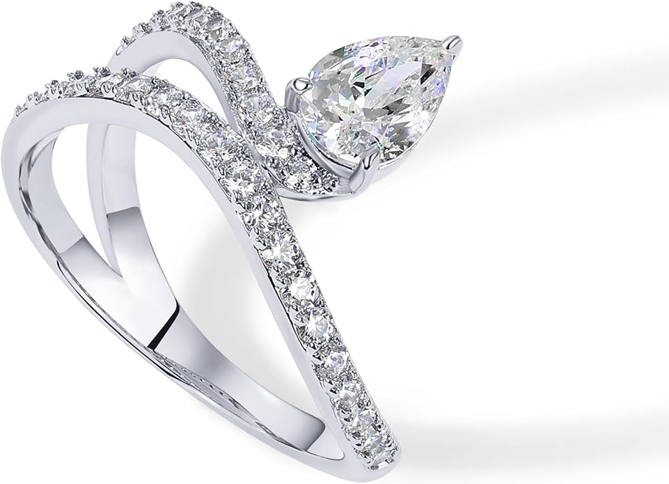 PAVOI 14K Gold Plated Wavy Engagement Ring for Women | Solitaire Cubic Zirconia Wedding Band & Promise Rings for Her | Trendy Fashion Jewelry