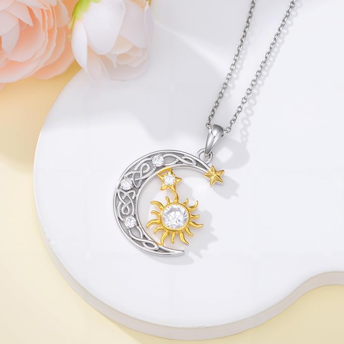 PELOVNY Sun and Moon Necklace for Women 925 Sterling Silver Sun Moon Star Birthstone Pendant Necklaces Birthday Christmas Jewelry Gifts for Mom Daughter Wife Sister