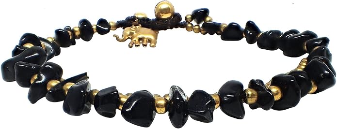 Handmade Black Obsidian Stone Elephant Charm Brass Beads Anklets Bracelet 10 Inches