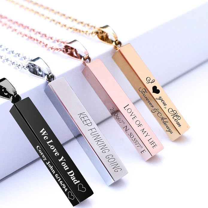Personalized 3D Vertical Bar Necklace, Custom Necklace Engraved with Any Name Pendant Jewelry Mothers Day Gift