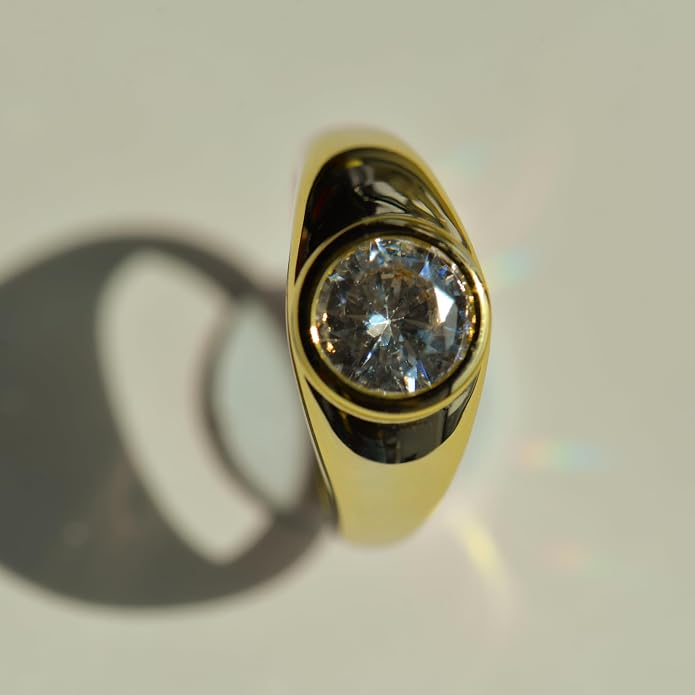 Women's Wide Band Round-Cut 2 Carat CZ Ring | Large Gold Chunky Bezel Halo Statement Ring