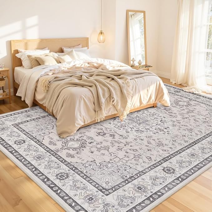 8x10 Area Rugs for Living Room: Vintage Boho Neutral Washable Rug Indoor Soft Large Area Rug Carpet for Bedroom Nursery Farmhouse Dining Room Office Floor Non-Slip Low Pile Under Table Beige & Grey