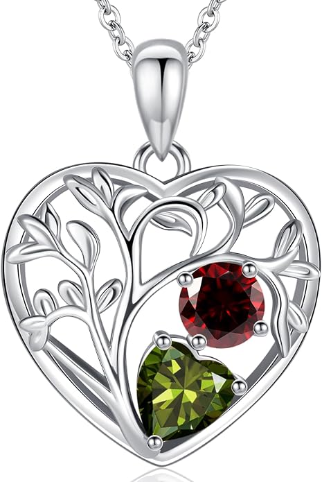 Tree of Life Birthstone Necklace Birthday Gifts 925 Sterling Silver Heart Pendant Birthstone Necklaces for Women Personalized 2 Gemstone Anniversary Graduation Gifts for Her Wife Mom