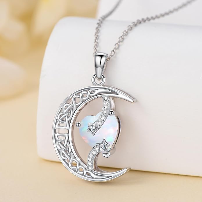 TOUPOP Moon and Star Birthstone Necklace for Women 925 Sterling Silver Celtic Moon Jewelry Birthday Mothers Day Gifts for Mom Wife Her