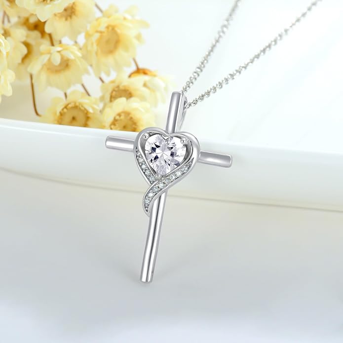 TOUPOP Birthstone Cross Necklace for Women 925 Sterling Silver Heart Cross Pendant Necklace Mothers Day Birthday Jewelry Gifts for Mom Wife Her