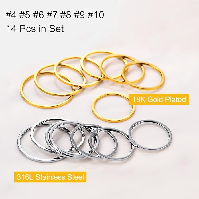 FOCALOOK 28 PCS Knuckle Ring Set 1MM Stainless Steel Women's Thin Plain Band Stacking Midi Finger Rings Set Comfort Fit Silver/Black/Gold/Rose Tone Size 4-10