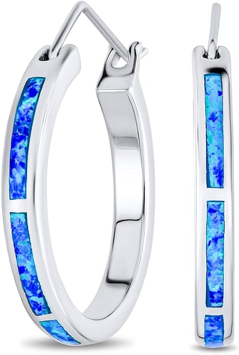 Bling Jewelry White Created Opal Inlay Iridescent Huggie Hoop Earrings .925 Sterling Silver October Birthstone