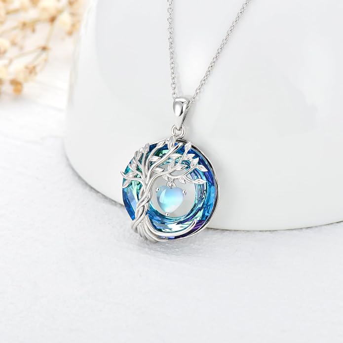 TOUPOP Tree of Life Birthstone Necklaces 925 Sterling Silver Irish Celtic Tree Pendant with Blue Crystal Birthday Jewelry Gifts for Women Mom Wife Her