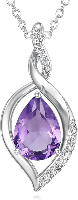 Natural Amethyst Necklace for Women 925 Sterling Silver Purple February Teardrop Birthstone Pendant Jewelry Birthday Gifts for Mom Women
