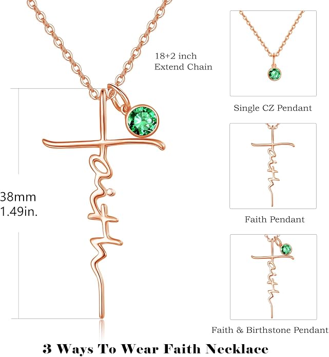 PRAYMOS Faith Cross Necklace for Women 925 Sterling Silver Pendant Necklace With Birthstone Initial Christian Religious Confirmation Baptism Mothers Day Gifts