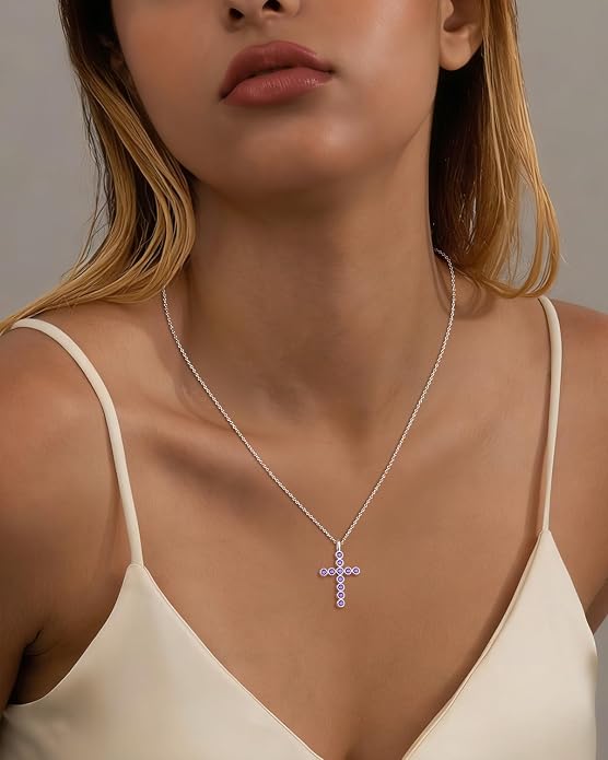 925 Sterling Silver 18 inch Birthstone Cross Pendant Necklace for Women Men