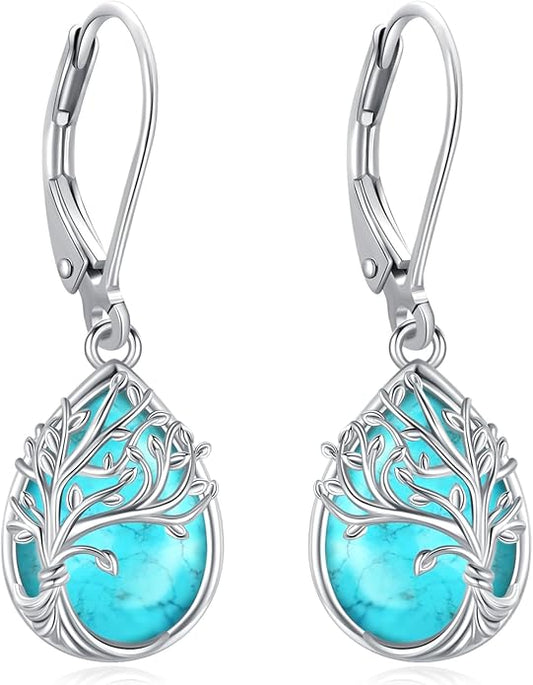Tree of Life/Cat/Turtle/Butterfly/Flower/Celtic/Turquoise/Moonstone Dangle Earrings for Women Sterling Silver Cute Animals Drop Earrings Jewelry Gifts