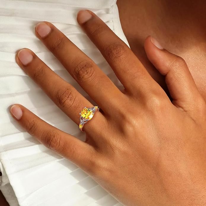 925 Sterling Silver Birthstone Rings for Women Cushion Cut Engagement Celtic Knot Ring Irish Jewelry Created Gemstone Anniversary Rings Size 6-10(with Box)