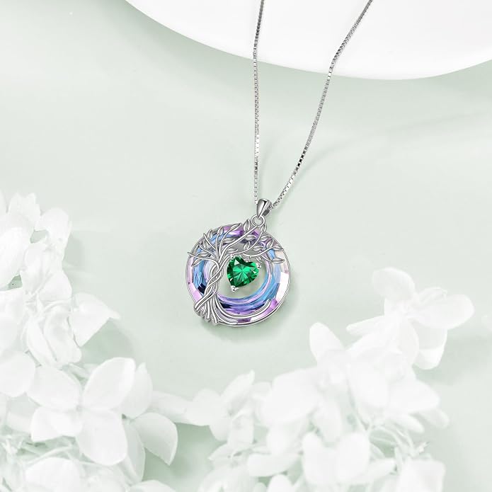 POPLYKE Mothers Day Gifts for Mom Her Wife Tree of Life Necklace 925 Sterling Silver Birthstone Pendant with Crystal Anniversary Birthday Wedding Jewelry for Women