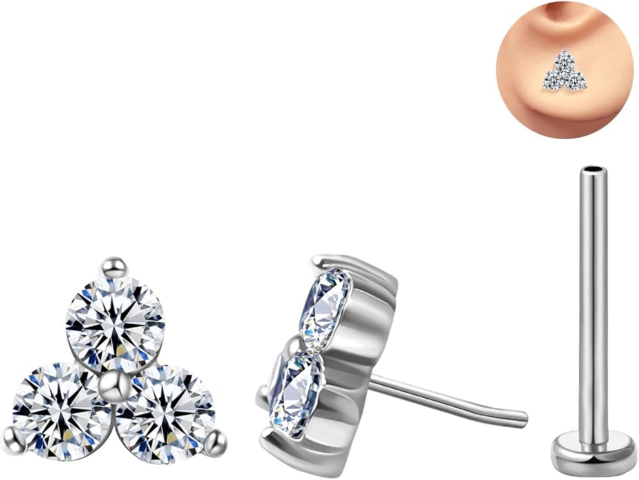 FANSING Cartilage Earring Tragus Stud Trio CZ Stone Flat Back Earring for Helix Conch Threadless Push Pin Labret Stud