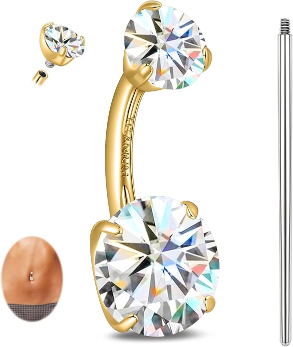 limerencia Moissanite Belly Button Ring, G23 Titanium Hypoallergenic Internally Threaded Navel Jewelry, Curved Dangle Belly Ring Piercing Jewelry for Women, Men